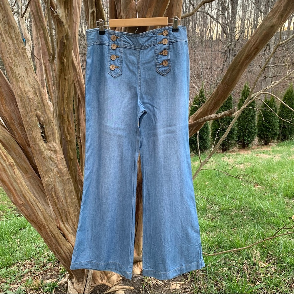 Anthropologie Elevenses Wide Leg Sailor Button Denim Pants - Picture 2 of 9